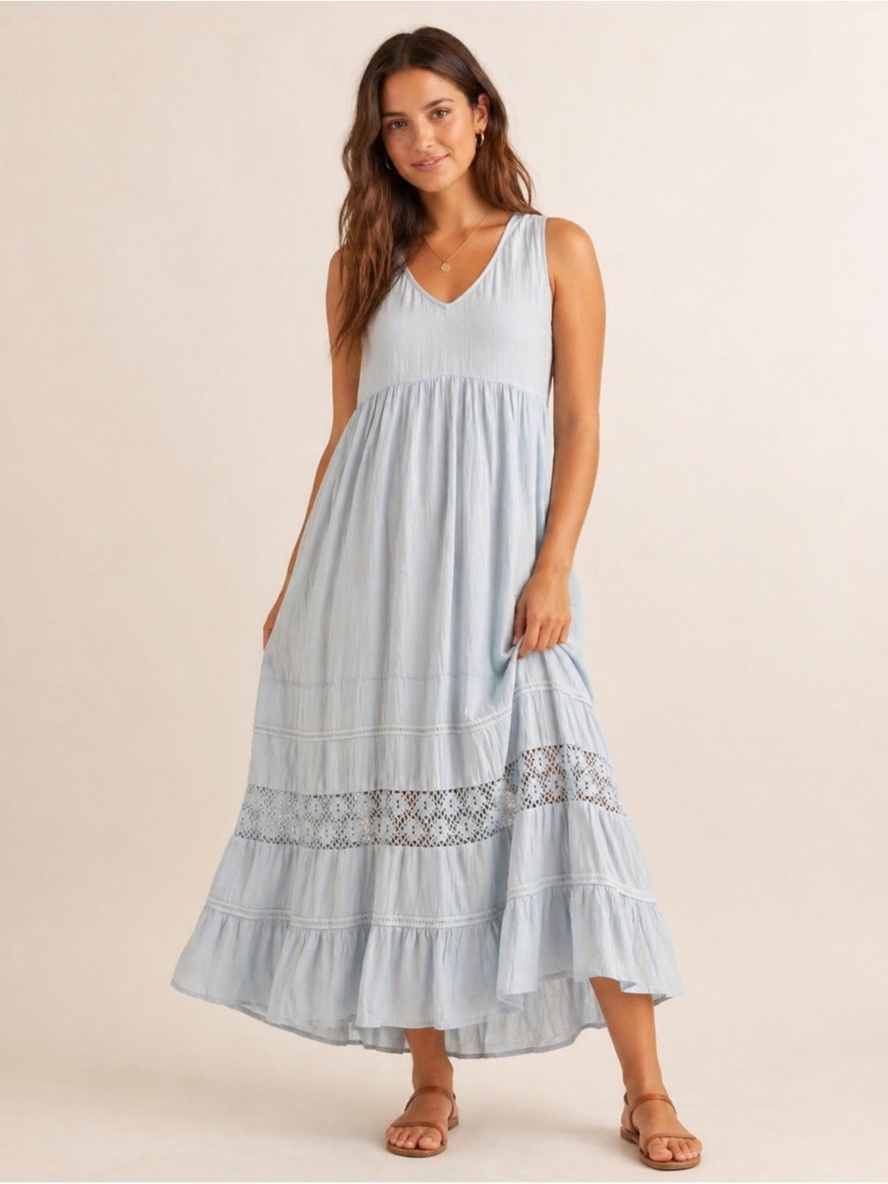 Wanderly Light Blue Boho Maxi Dress Sleeveless Lace Size S - Picture 3 of 9